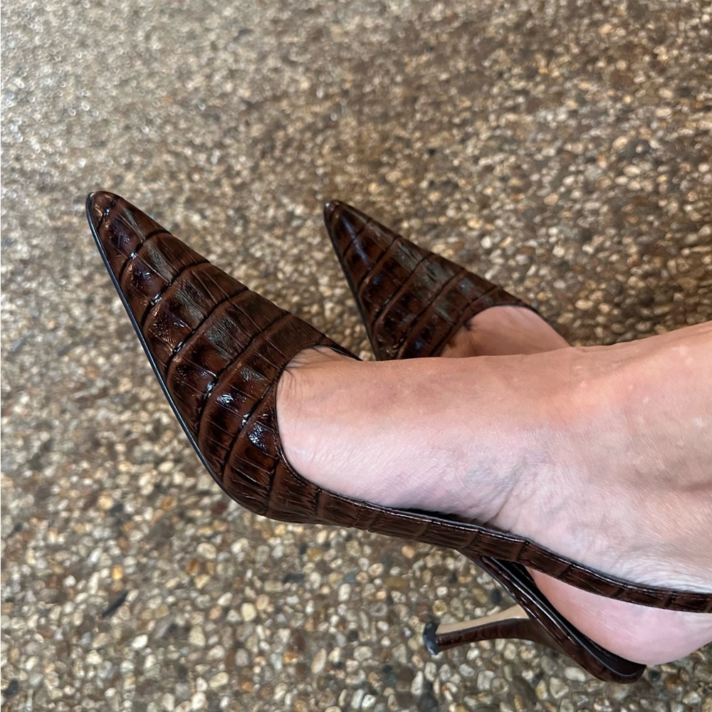 Brown Croc Leather Slingback Pointed Toe Heels Anne Klein Size 8.5